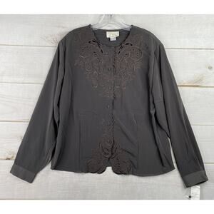 VTG Voir Collection Top Womens 18W Brown Embroidered Button Up Coquette NWT
